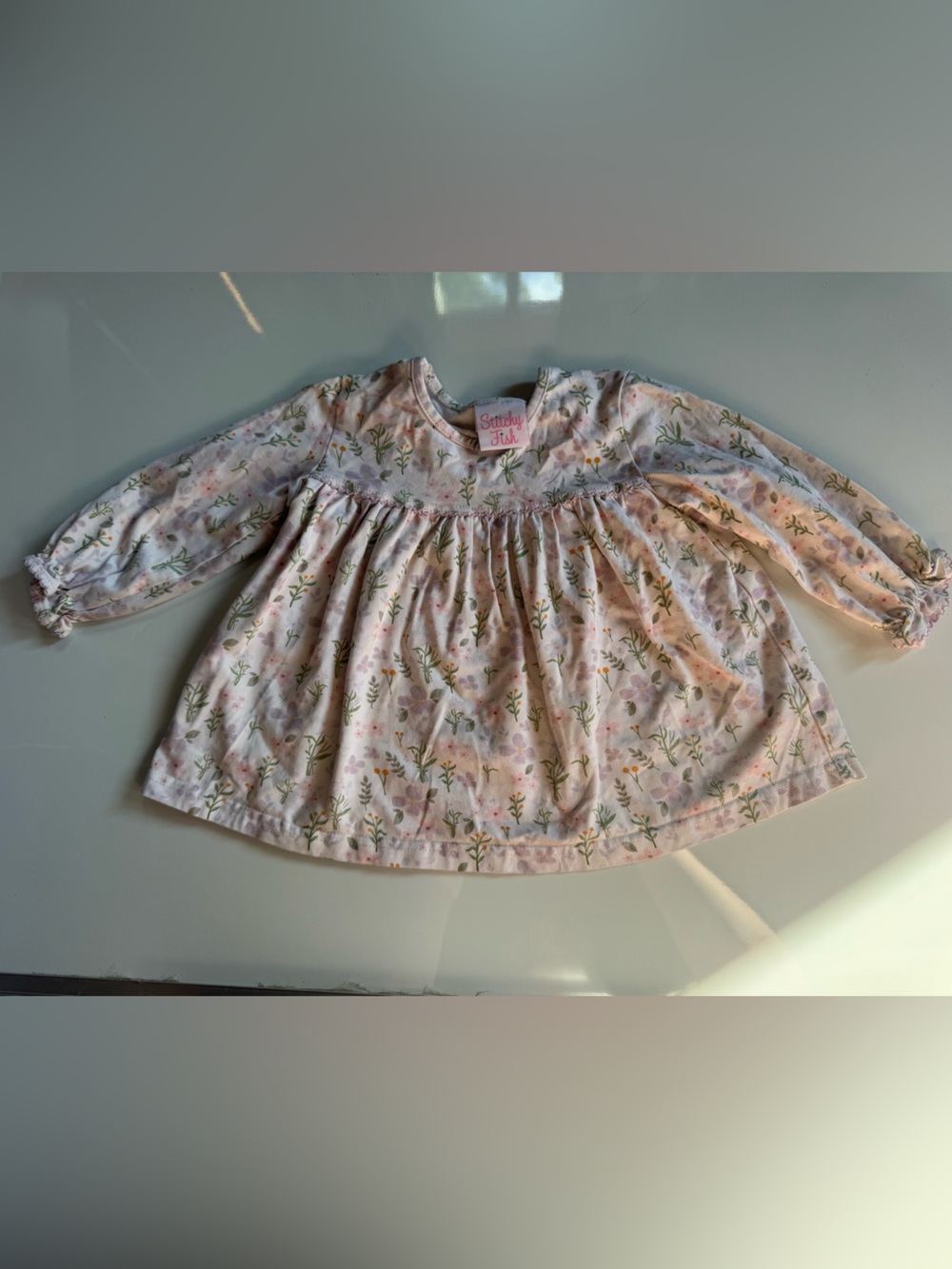 Stitchy Fish Floral Long Sleeve Baby Dress - Pink & Green